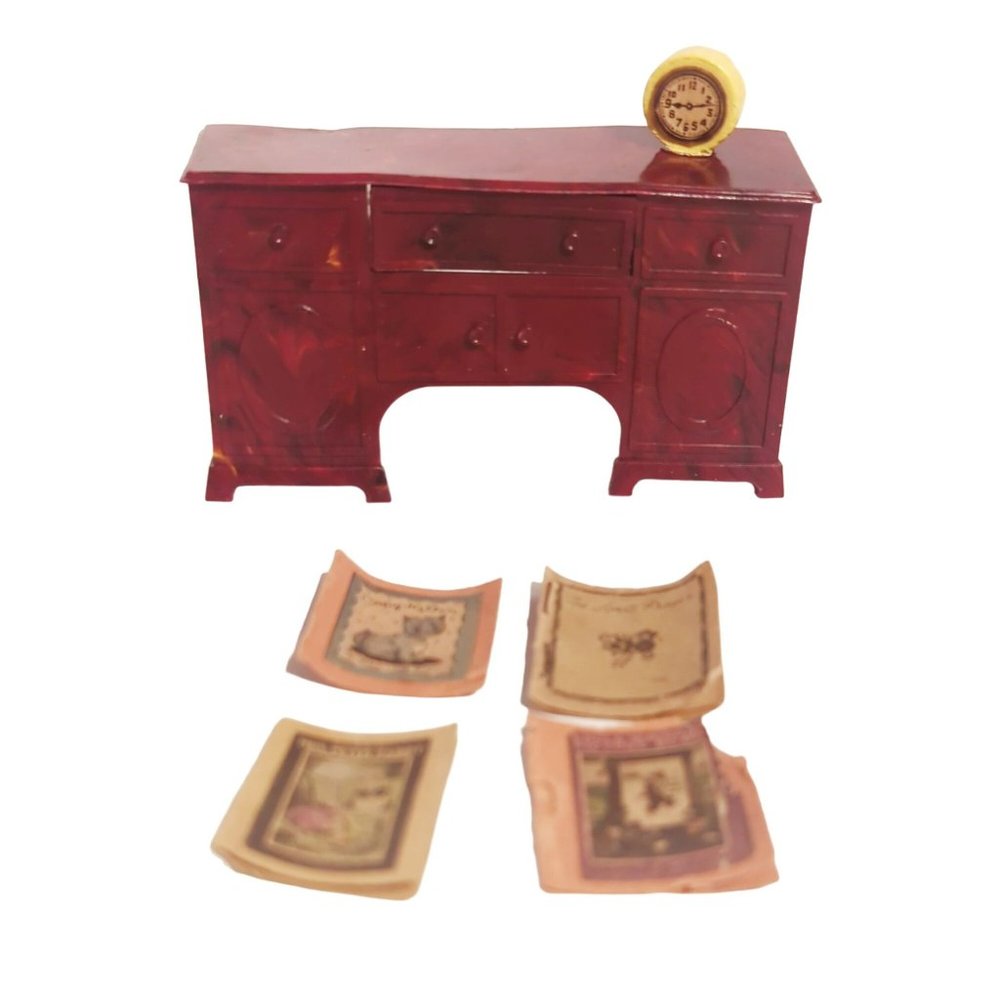 Vintage Renwal Dollhouse Furniture Desk Red Marbled With Clock Homemade Books